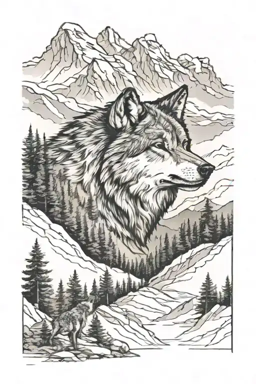 Tree Line Mountain Range With Wolf Head