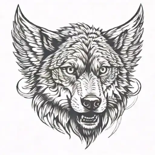 Wolf Face With Eagle Wings As Shade In Background