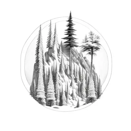 Mountain And Forest With Wooden Cross Amongst The Trees