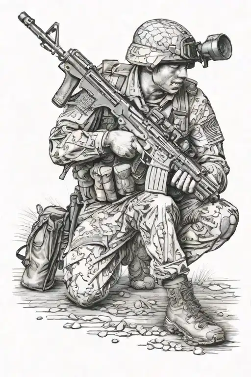 Praying Soldier Kneeling Holding Rifle American Flag In The Background