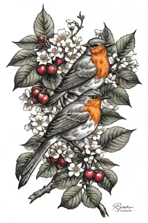 Robin And Cherry Tree Branch