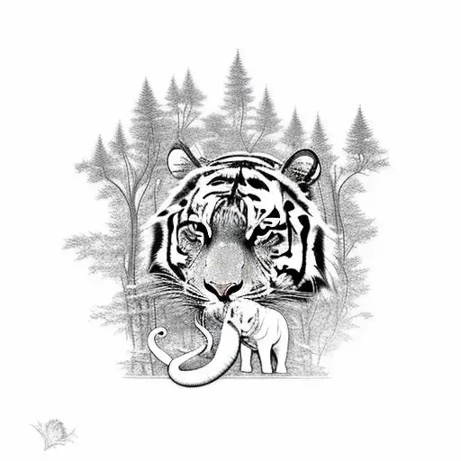A Mystical Forest With A Tiger And An Elephant Peacefully Coexisting