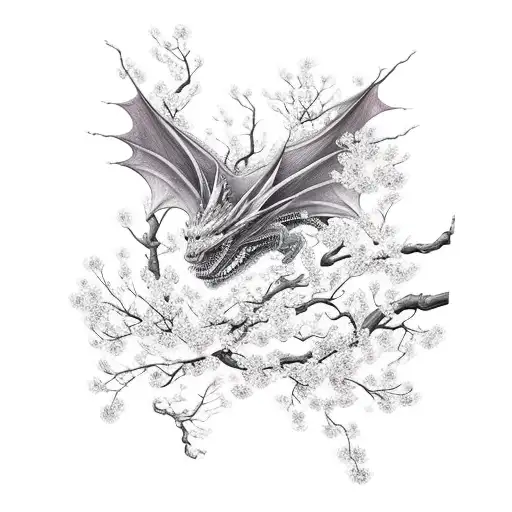 A Realistic Dragon Intertwined With Cherry Blossom Branches
