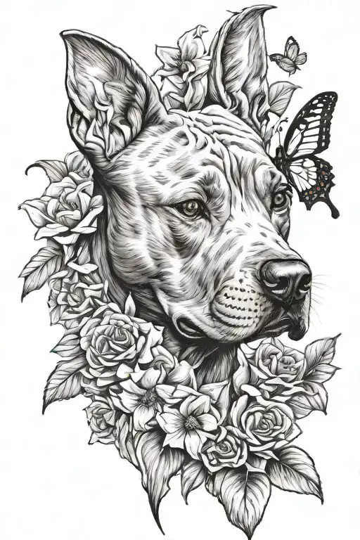 Pitbull Dog And Boy And Flowers And Butterflies