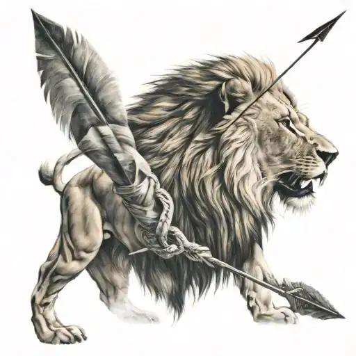 Lion With Arrow In Its Mouth Looking Away