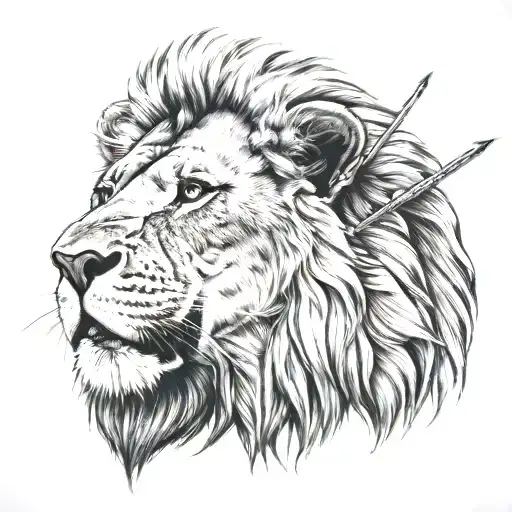 Lion Head With Arrow In Its Mouth Looking Down
