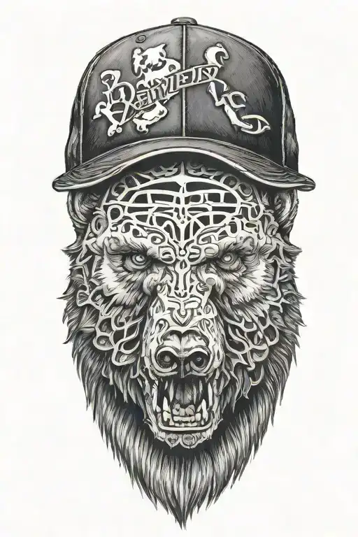 Bear Face Wearing Basecap Backwards And Skulls