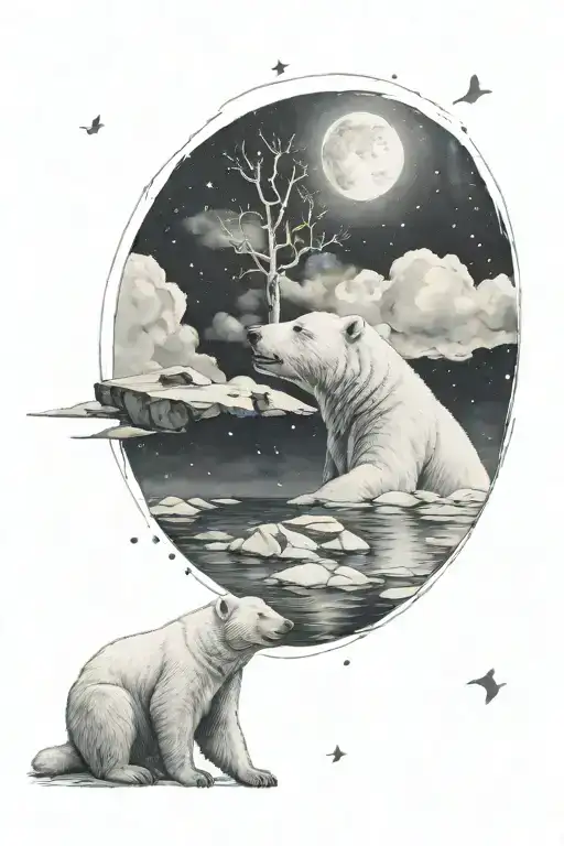 Polar Bear And Young Boy Sitting On Ice And Looking Up Into The Night Sky