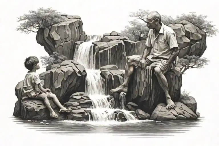 Father And Son In Middle Of Waterfall On Rocks