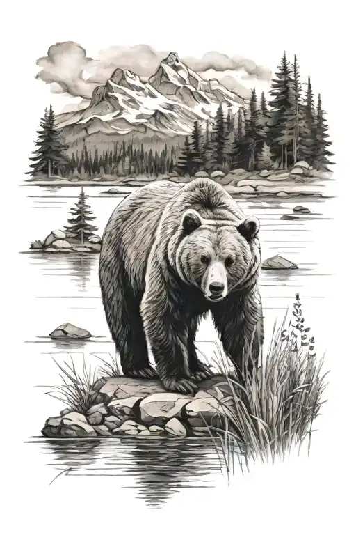 Bear Near Lake Scene