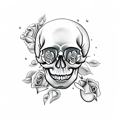 Human Skull With 3 Roses And A Dotwork Mandala