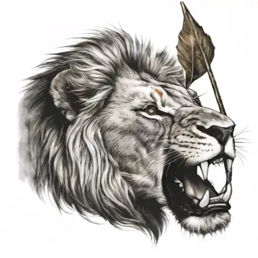 Lion Biting On Arrow And Looking Away