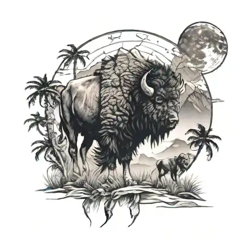 Bison And Mountain Landscape Featuring A Wolf And Palm Tree