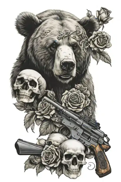 Bear Face And Skulls And Roses And Maria Magdalena With Ak47