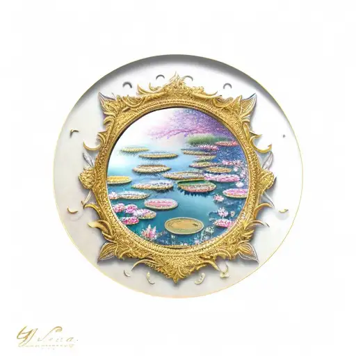 Arch Shape Gold Vinatge Mirror With A Water Lily Pond Scene