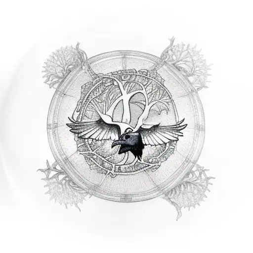 Two Ravens Flying Clockwise Around A Centric Tree Of Life