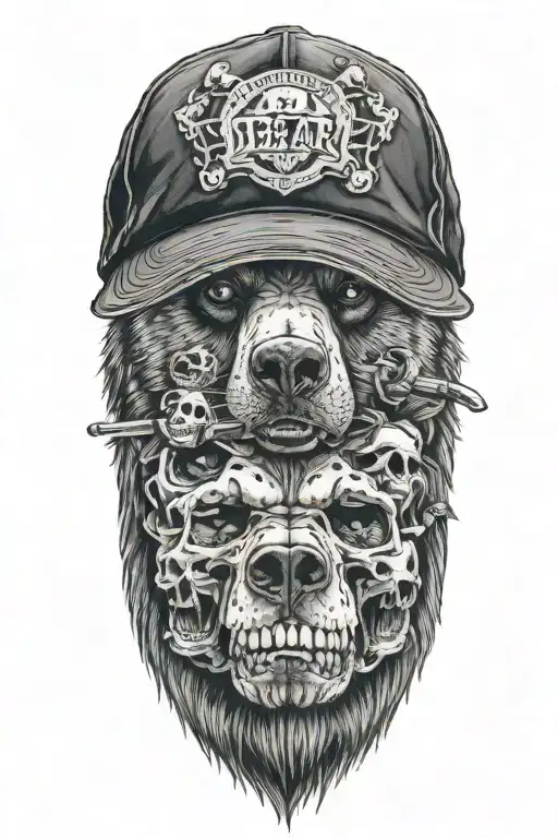 Bear Face Wearing Basecap And Skulls And Mama Maria