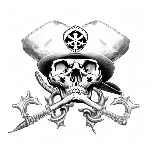 Pile Of Skulls With A Treasure Chest Ontop And A Skelton Pirate Wearing A Hat