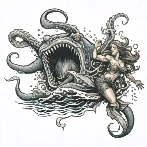 Scared Mermaid Fighting A Kraken While Being Pulled Under The Water By The Kraken