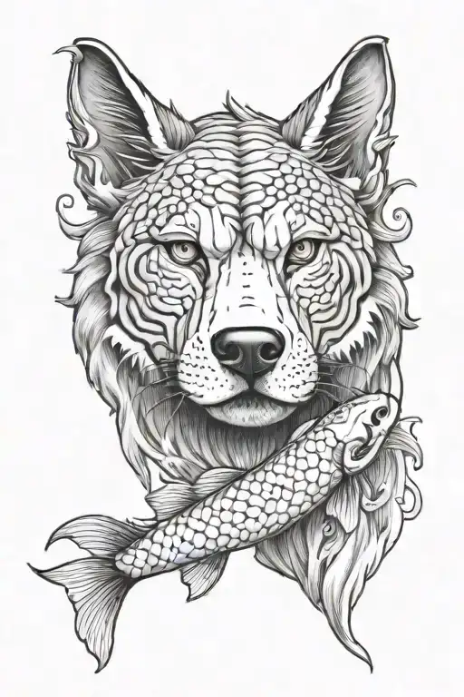 Wolf Koi Fish Buddha Face Tattoo Design Featuring