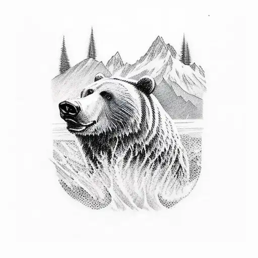 Bear Catching Fish Out Of River Near The Mountains