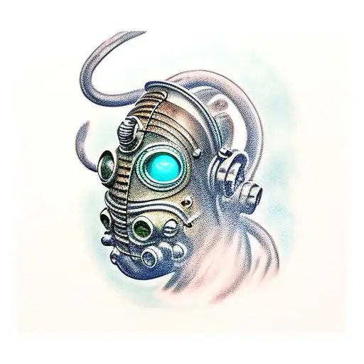 A Realistic Tattoo Of A Big Daddy From Bio Shock Emerging From The Depths Of The Ocean