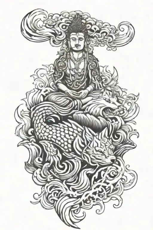 Wolf Koi Fish Buddha Face Tattoo Design Featuring Iconic Landmarks