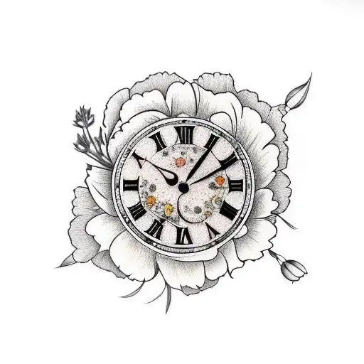 Forearm Tattoo With Marigold And Cosmos Flowers A Clock And A Dove