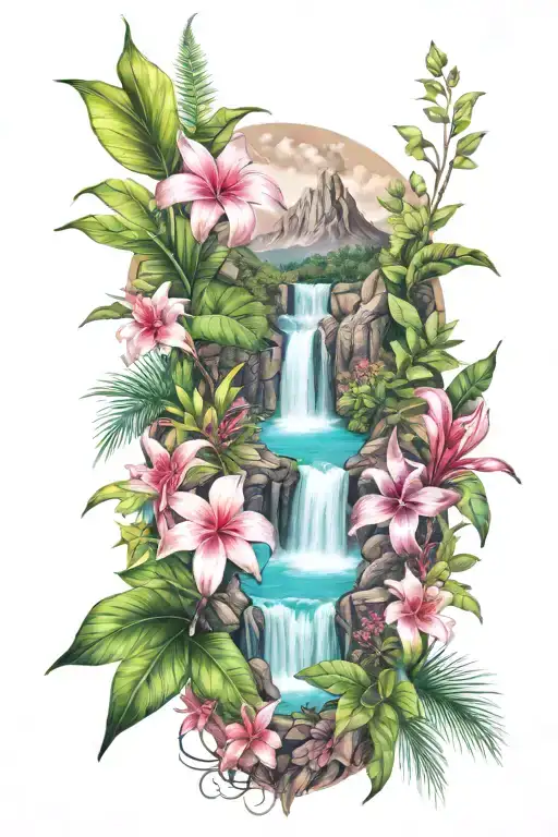 Mountain Peaks And Waterfall Surrounded By Tropical Flowers
