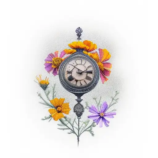 Forearm Tattoo With Marigold And Cosmos Flowers A Clock And A Dove