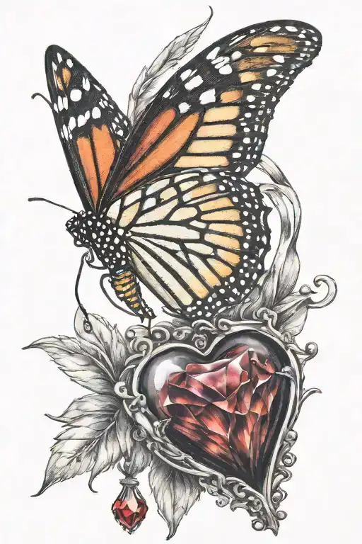 Monarch Butterfly Carrying A Red Ruby Crystal Heart