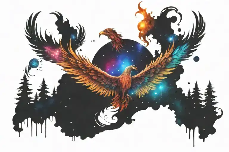 Colorful Single Headed Phoenix Rising Into The Milky Way