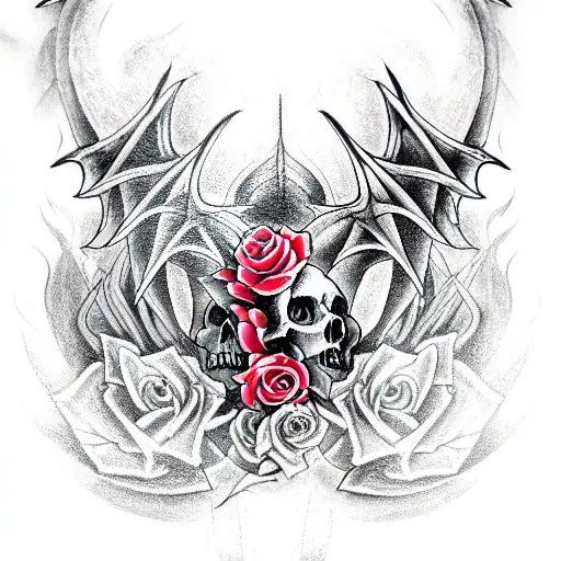 Dragon Arm Sleeve With Roses And Skulls
