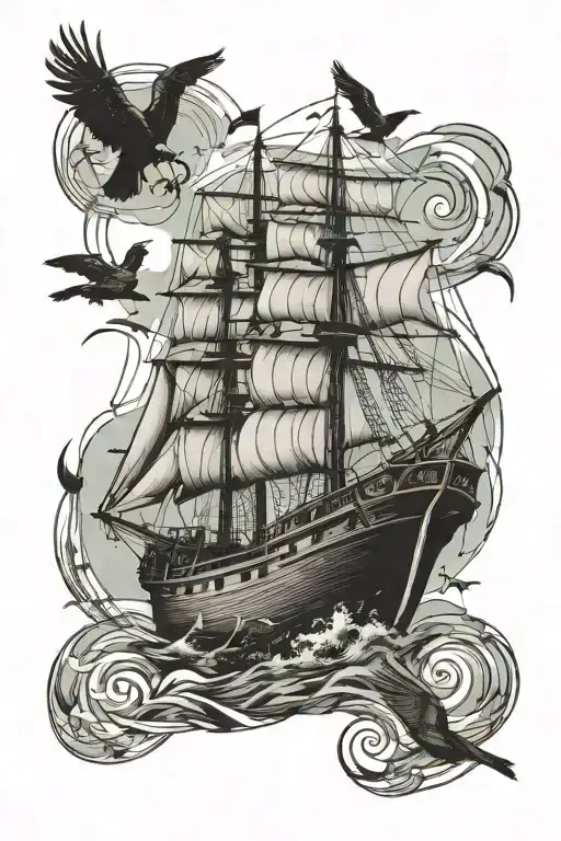 Old Wooden Boat With A Crows Nest Sailing With Geometric Background
