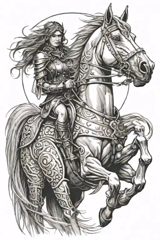 Horse With Armour With A Girl With White Eyeballs Infront