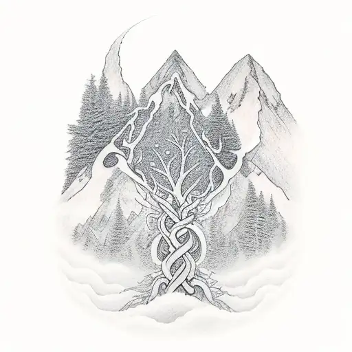 A Comma Intertwined With Elements Of Nature Like Trees And Mountains