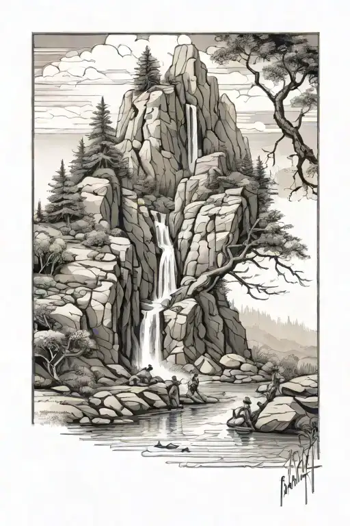 Moutain Of Golgotha Transition Into Creek With Father And Son Fishing