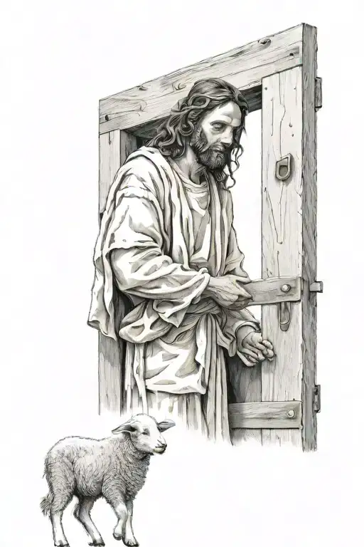 Jesus Carrying A Lamb Over His Shoulders In Front Of An Old Wooden Door Frame