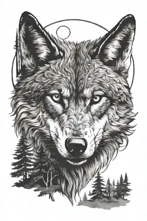 Angry Wolf Protecting Cubsurrounded By Woods With A Moon