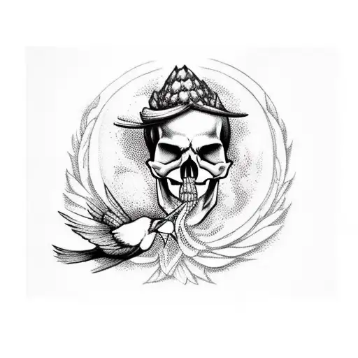 Skull With Bird Sitting On Top And Forrest Background