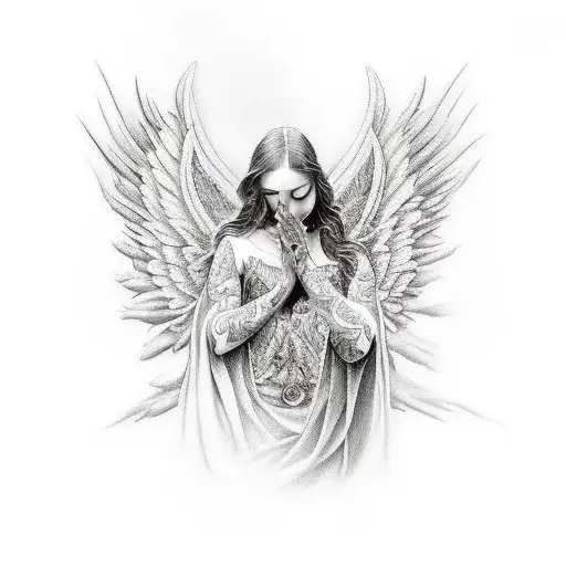 Tattoo For Hand Of The Face Of An Angel In Black And White Except For Her Blue Eyes