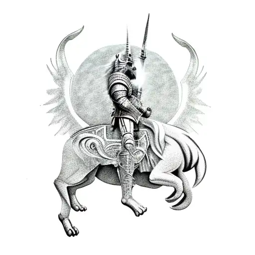 Angelic Warrior Riding An Armored Unicorn Ready For War With A Lion As His Backup