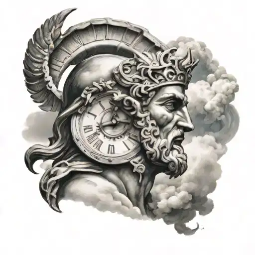 Head Of Ares Revealing Eros On A Background Of Clouds And A Roman Clock