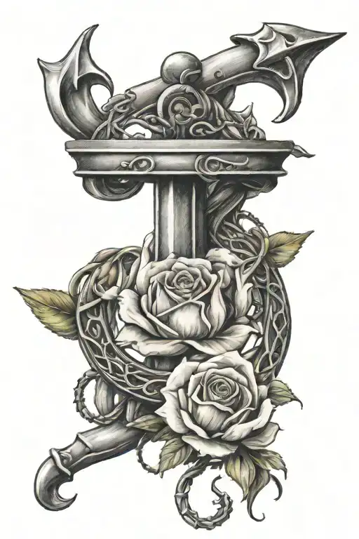 Anchor With Tulips And Rose Intertwined With Yin Yang Design