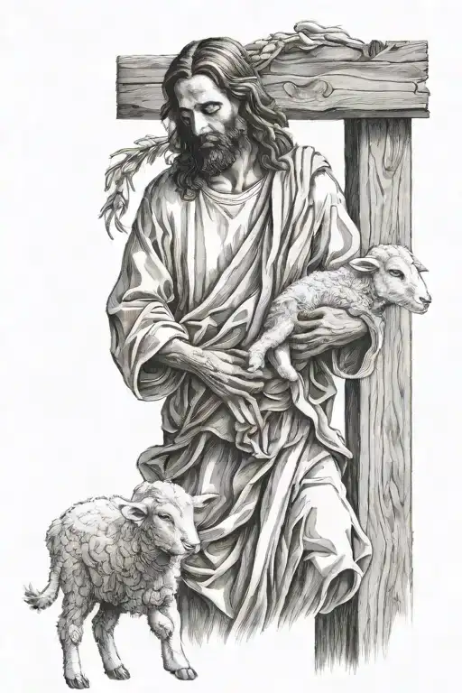 Jesus Carrying A Lamb In Front Of An Old Wooden Door Frame