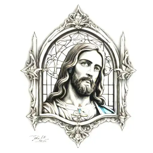 Jesus Tattoo On Shoulder With Church Window In Background With Filigree