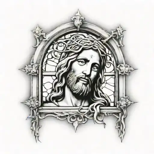 Jesus Tattoo On Shoulder With Church Window In Background With Filigree