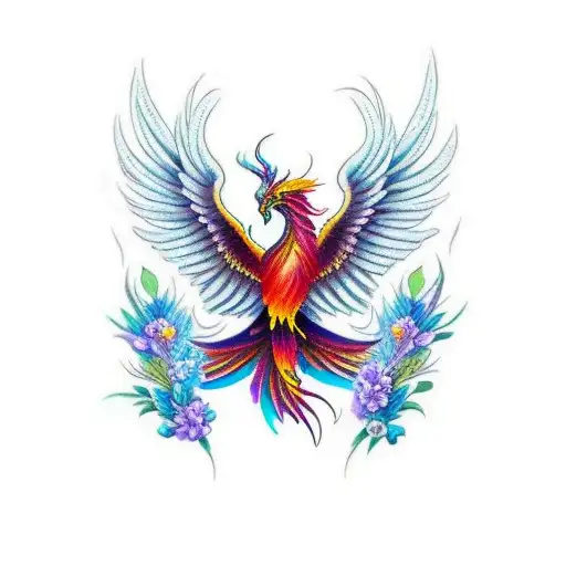 Long Phoenix Flying With Flowers Outline