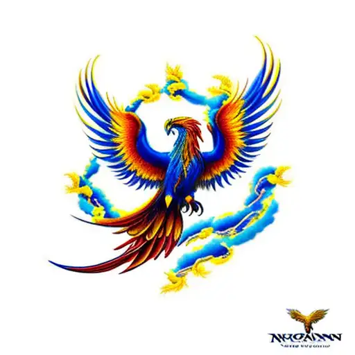 Long Phoenix Blue And Yellow Ukraine Flying With Flowers Outline