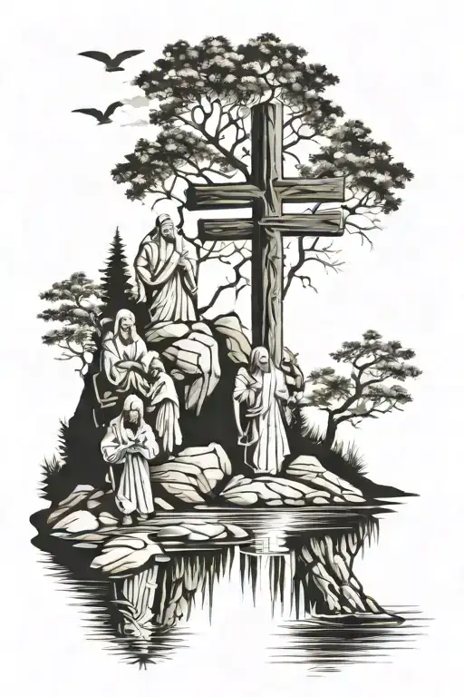 3 Crosses With Jesus Christ On Mountain Above Creek With Father And Son Fishing